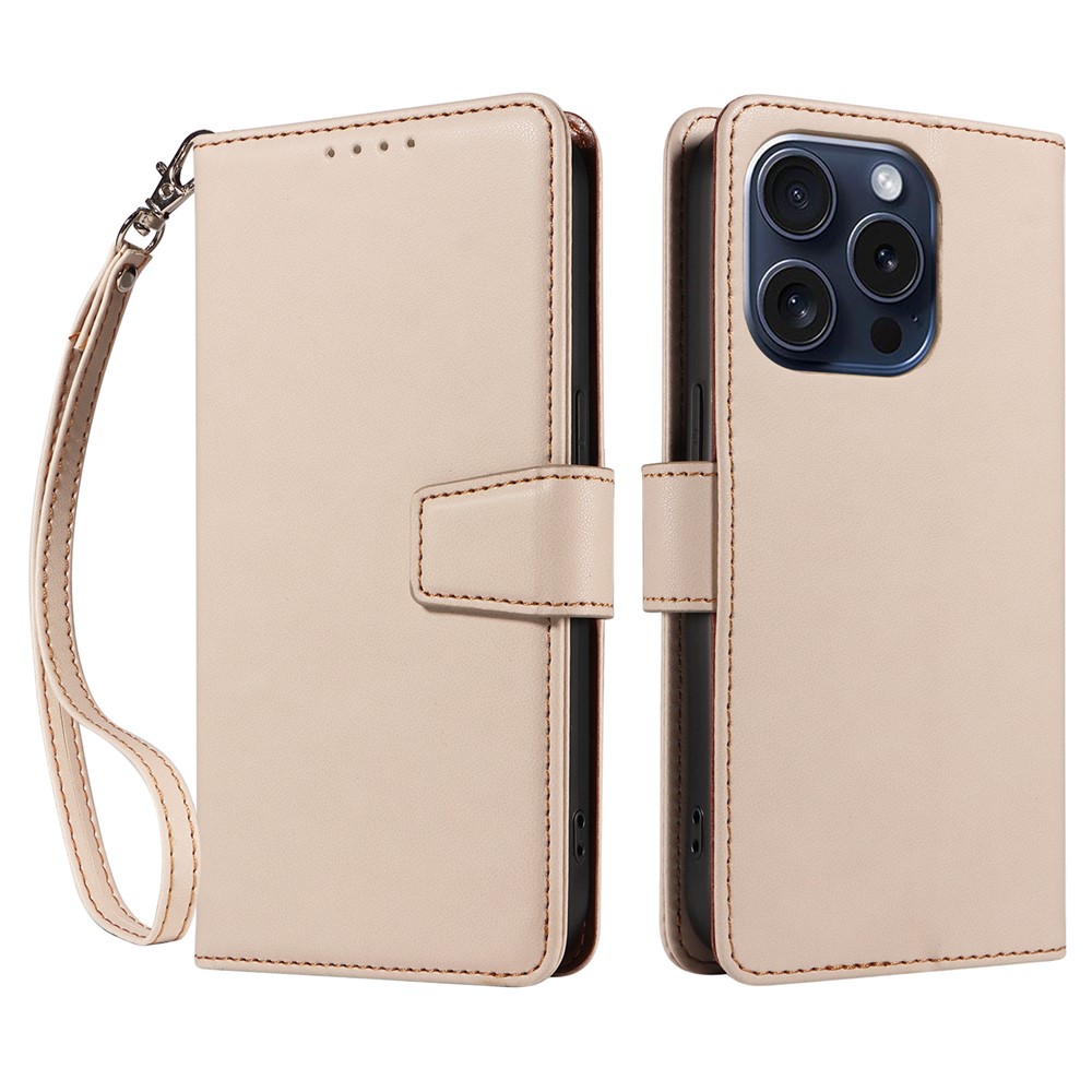 For iPhone 14 Pro Case RFID Blocking PU Leather Wallet Flip Phone Cover with Wrist Strap - Apricot