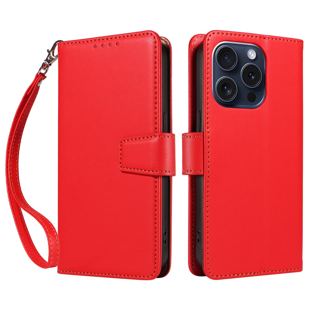 For iPhone 14 Pro Case RFID Blocking PU Leather Wallet Flip Phone Cover with Wrist Strap - Red