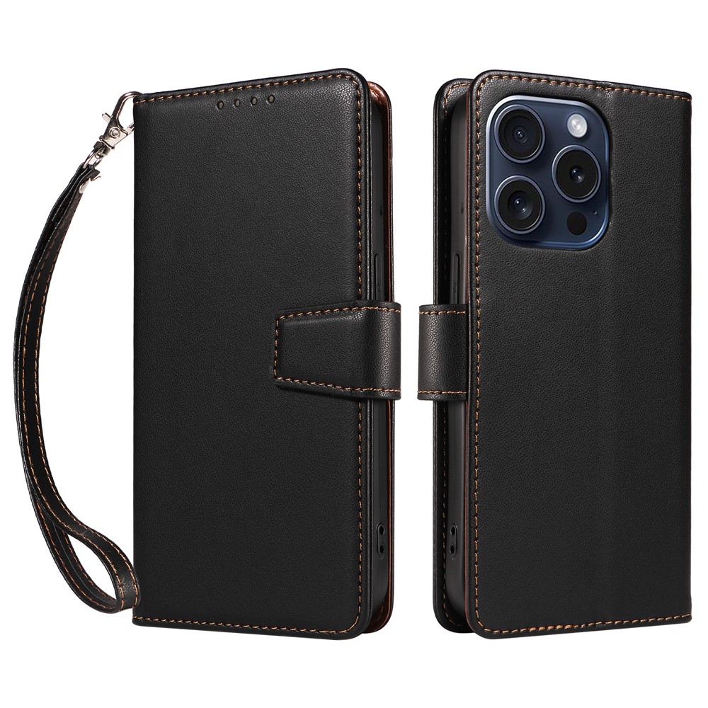 For iPhone 14 Pro Case RFID Blocking PU Leather Wallet Flip Phone Cover with Wrist Strap - Black