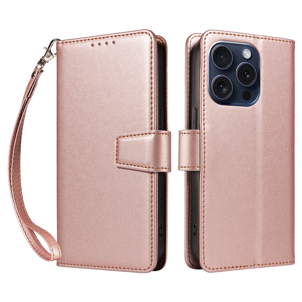 For iPhone 14 Pro Case RFID Blocking PU Leather Wallet Flip Phone Cover with Wrist Strap - Rose Gold