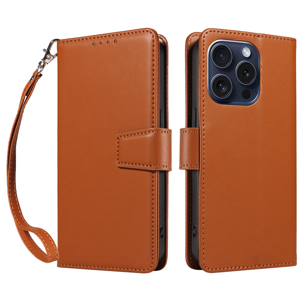 For iPhone 14 Pro Case RFID Blocking PU Leather Wallet Flip Phone Cover with Wrist Strap - Light Brown
