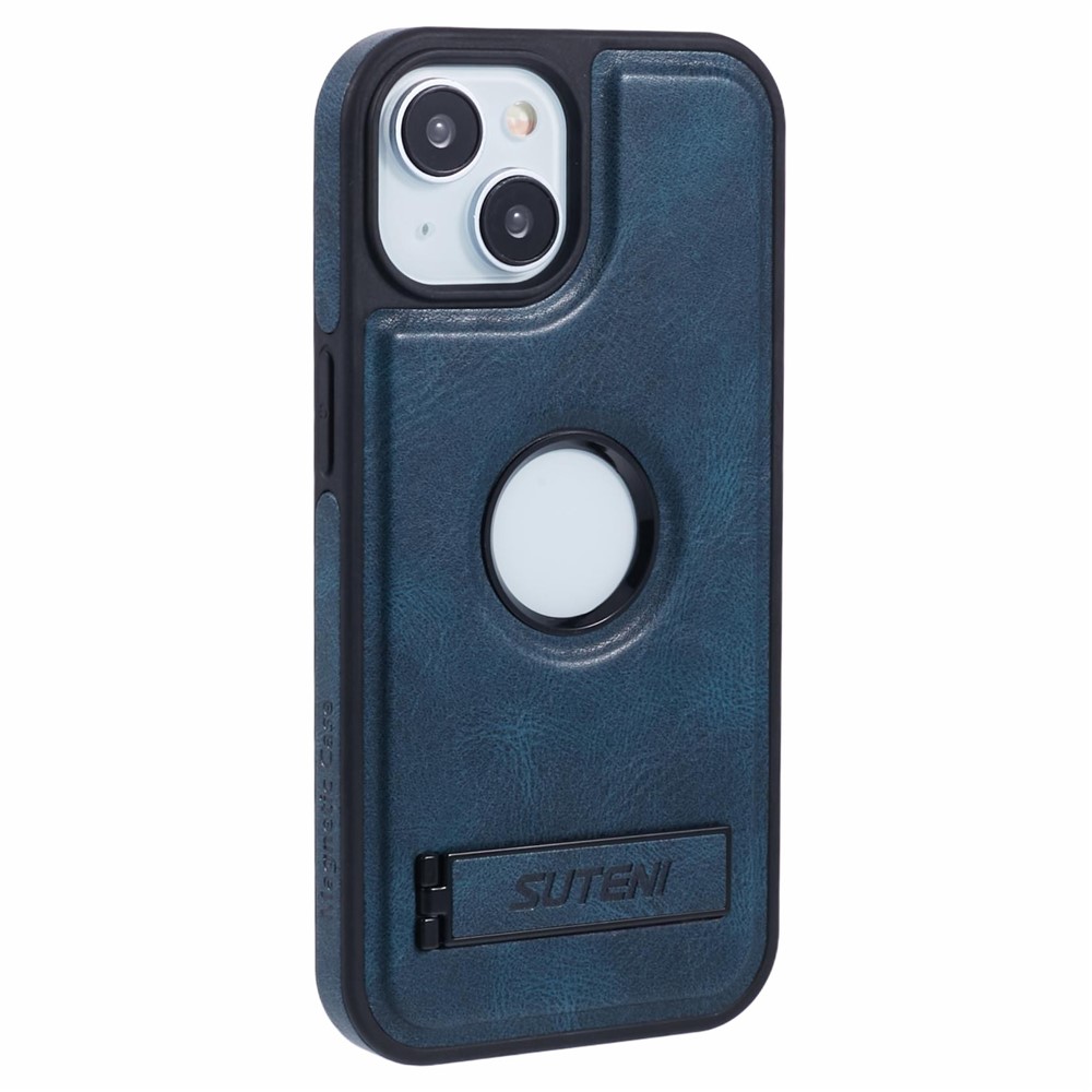 SUTENI G2 For iPhone 15 Plus Magnetic Case Leather Phone Back Cover Waxy Texture Kickstand - Blue