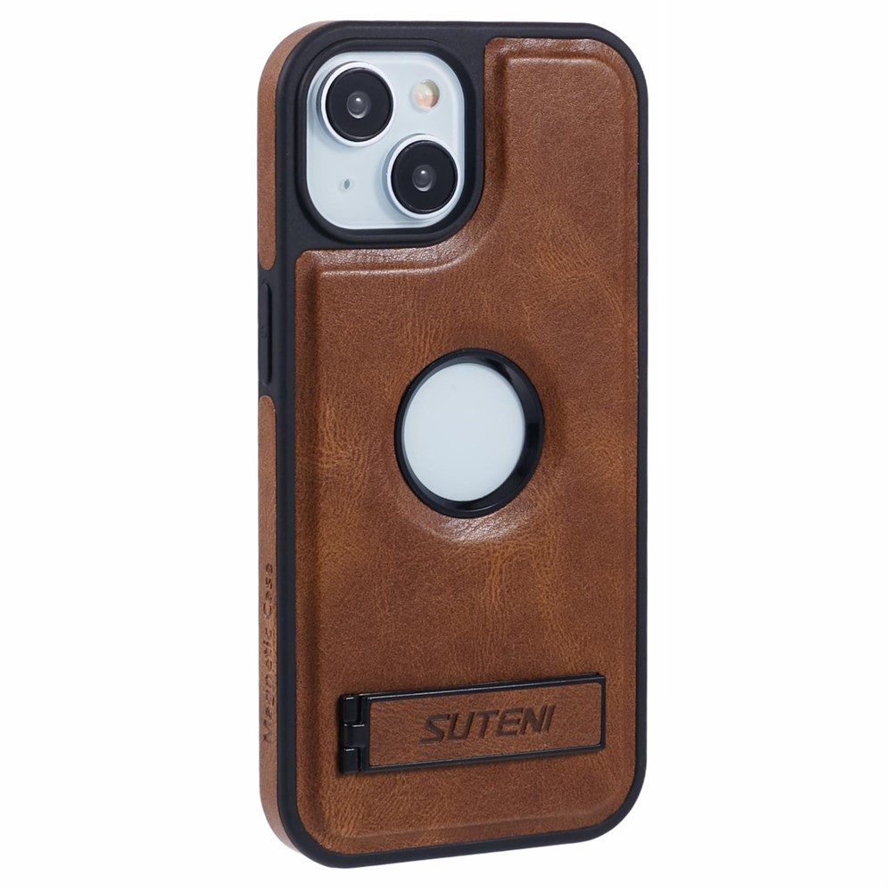SUTENI G2 For iPhone 15 Plus Magnetic Case Leather Phone Back Cover Waxy Texture Kickstand - Brown