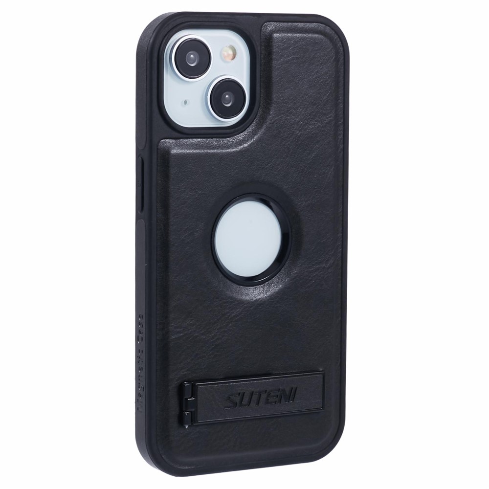SUTENI G2 For iPhone 15 Plus Magnetic Case Leather Phone Back Cover Waxy Texture Kickstand - Black
