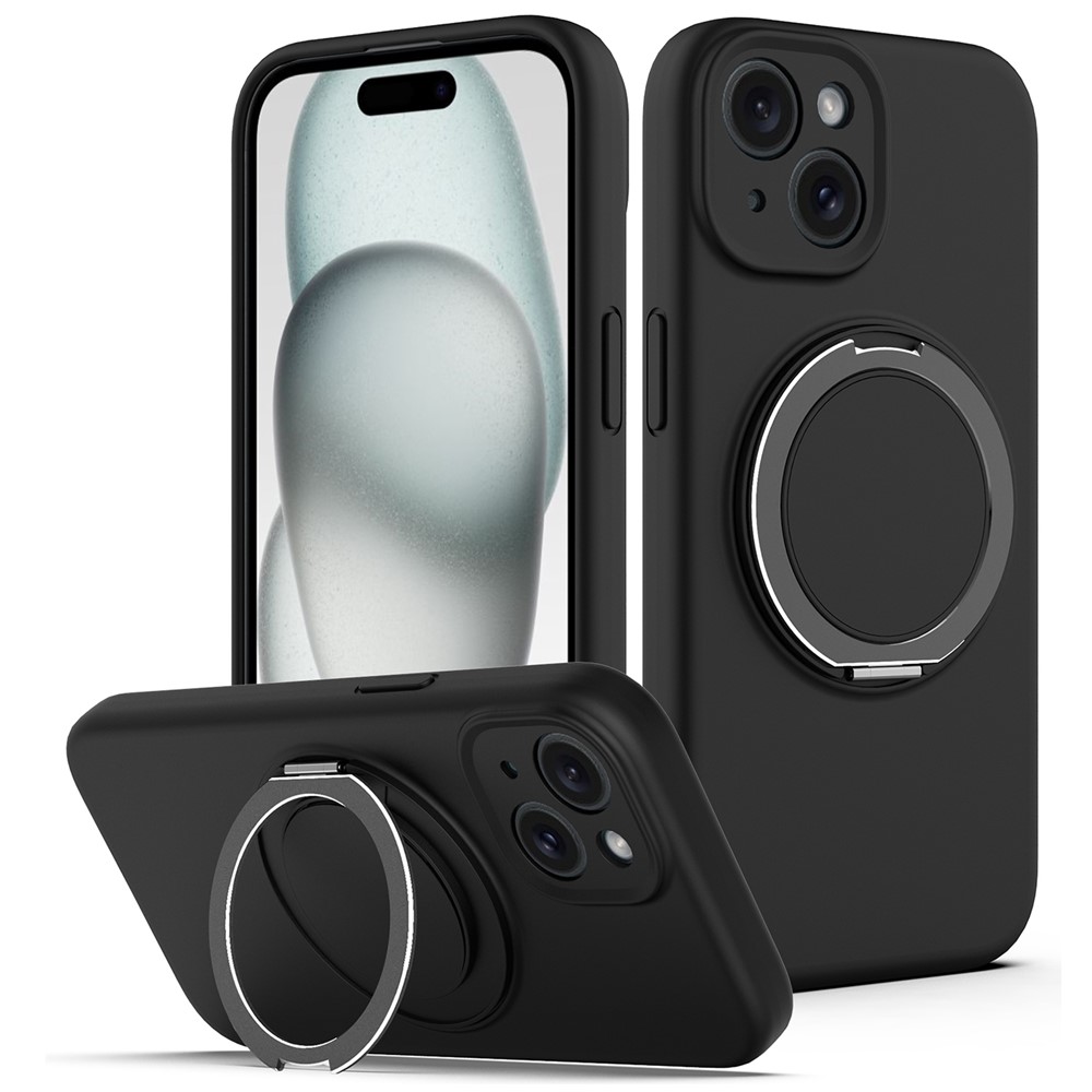 For iPhone 15 Case Compatible with MagSafe Rotating Metal Kickstand PC + Silicone Phone Cover - Black