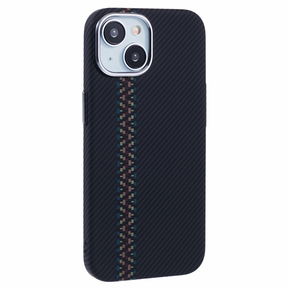 For iPhone 14 Case Compatible with MagSafe Carbon Fiber Texture Water-Transfer PC Phone Cover - Colorful+Black Stripes