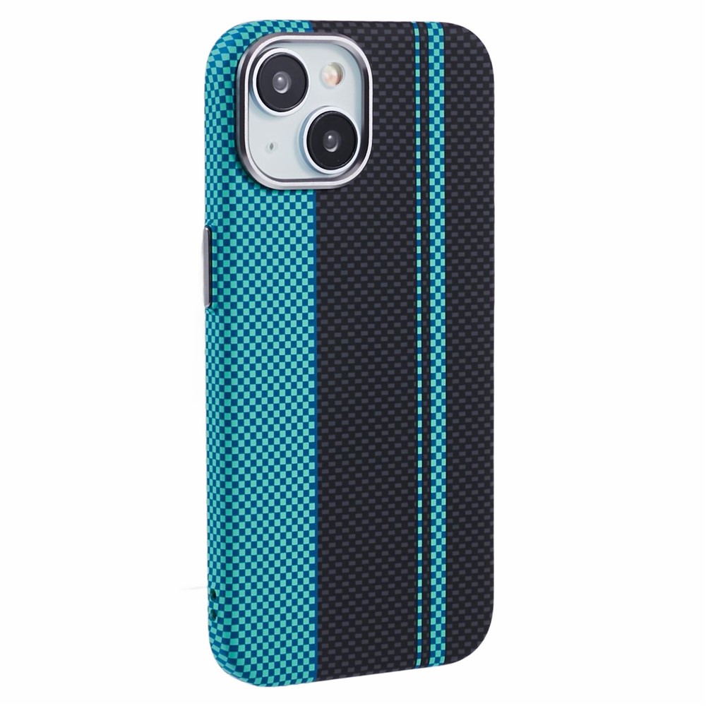 For iPhone 14 Case Compatible with MagSafe Carbon Fiber Texture Water-Transfer PC Phone Cover - Blue+Black Stripes