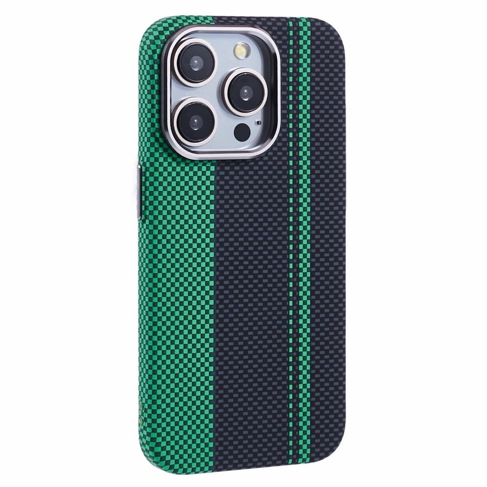 For iPhone 14 Pro Case Compatible with MagSafe Carbon Fiber Texture Water-Transfer PC Phone Cover - Green+Black Stripes