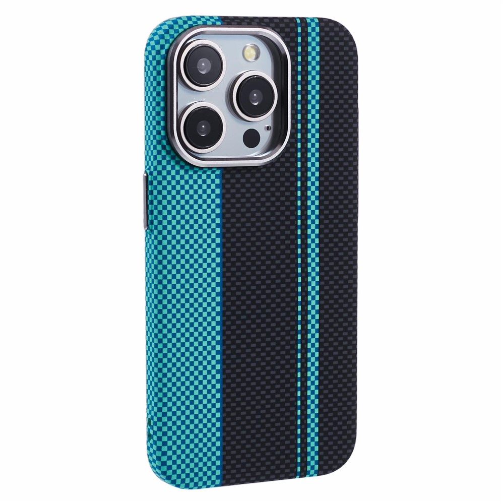 For iPhone 14 Pro Max Case Compatible with MagSafe Carbon Fiber Texture Water-Transfer PC Phone Cover - Blue+Black Stripes