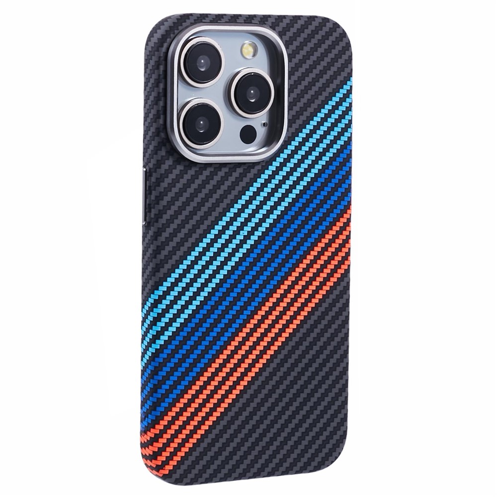 For iPhone 14 Pro Max Case Compatible with MagSafe Carbon Fiber Texture Water-Transfer PC Phone Cover - Baby Blue+Dark Blue+Red