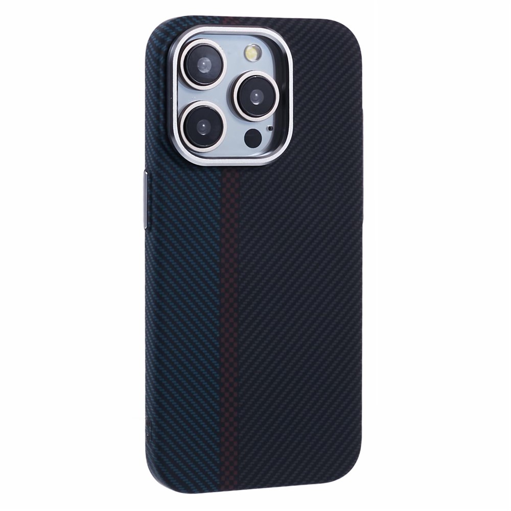 For iPhone 13 Pro Case Compatible with MagSafe Carbon Fiber Texture Water-Transfer PC Phone Cover - Blue+Red+Black