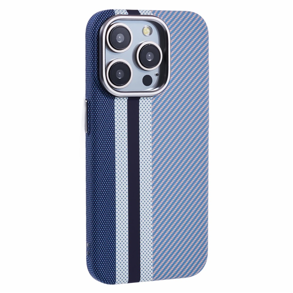 For iPhone 13 Pro Case Compatible with MagSafe Carbon Fiber Texture Water-Transfer PC Phone Cover - Blue Vertical Stripes
