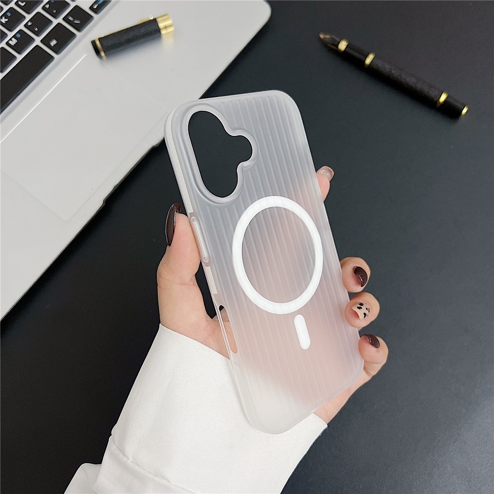 For iPhone 16 Plus Case Corrugated Texture Phone Cover PC Shell Compatible with MagSafe - White Edge