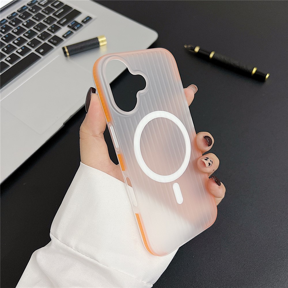 For iPhone 16 Plus Case Corrugated Texture Phone Cover PC Shell Compatible with MagSafe - Orange Edge