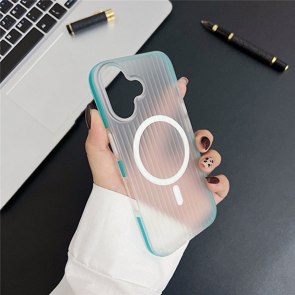 For iPhone 16 Plus Case Corrugated Texture Phone Cover PC Shell Compatible with MagSafe - Blue Edge