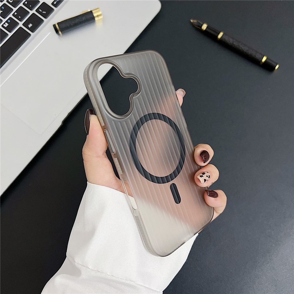 For iPhone 16 Plus Case Corrugated Texture Phone Cover PC Shell Compatible with MagSafe - Grey Edge