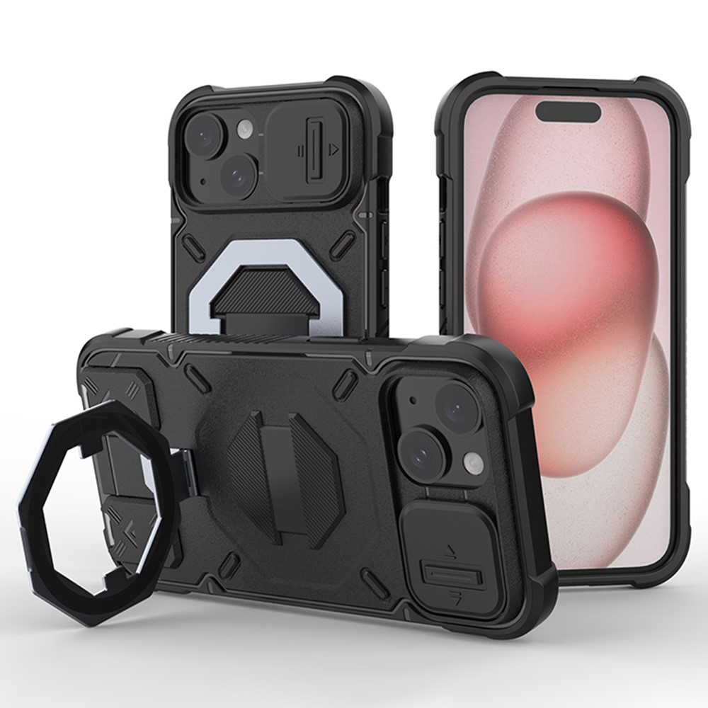 For iPhone 15 Case Compatible with MagSafe PC+TPU Kickstand Phone Cover with Lanyard - Black