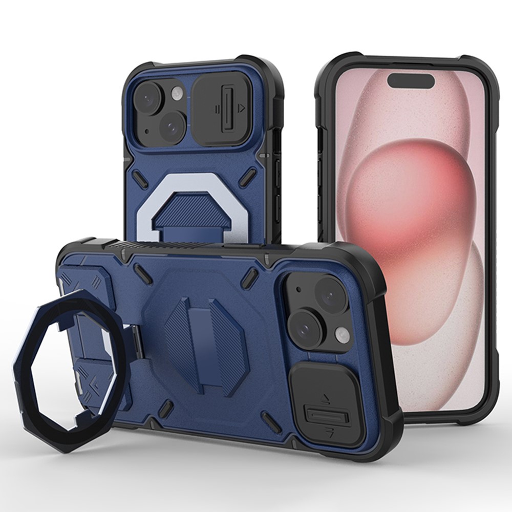 For iPhone 15 Case Compatible with MagSafe PC+TPU Kickstand Phone Cover with Lanyard - Blue