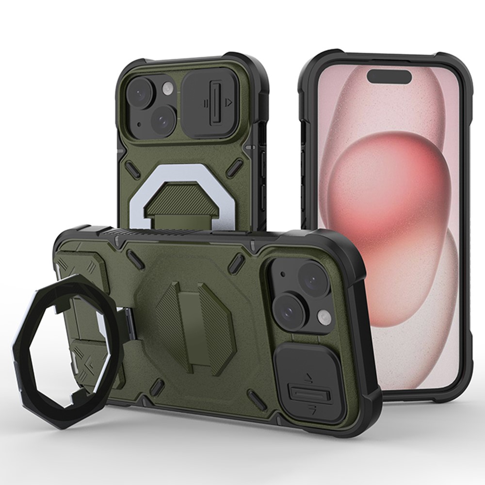 For iPhone 15 Case Compatible with MagSafe PC+TPU Kickstand Phone Cover with Lanyard - Green