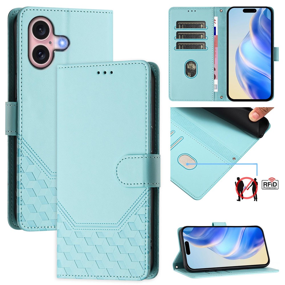For iPhone 16 Case Imprinted Honeycomb RFID Blocking Leather Phone Cover with Strap - Mint Green