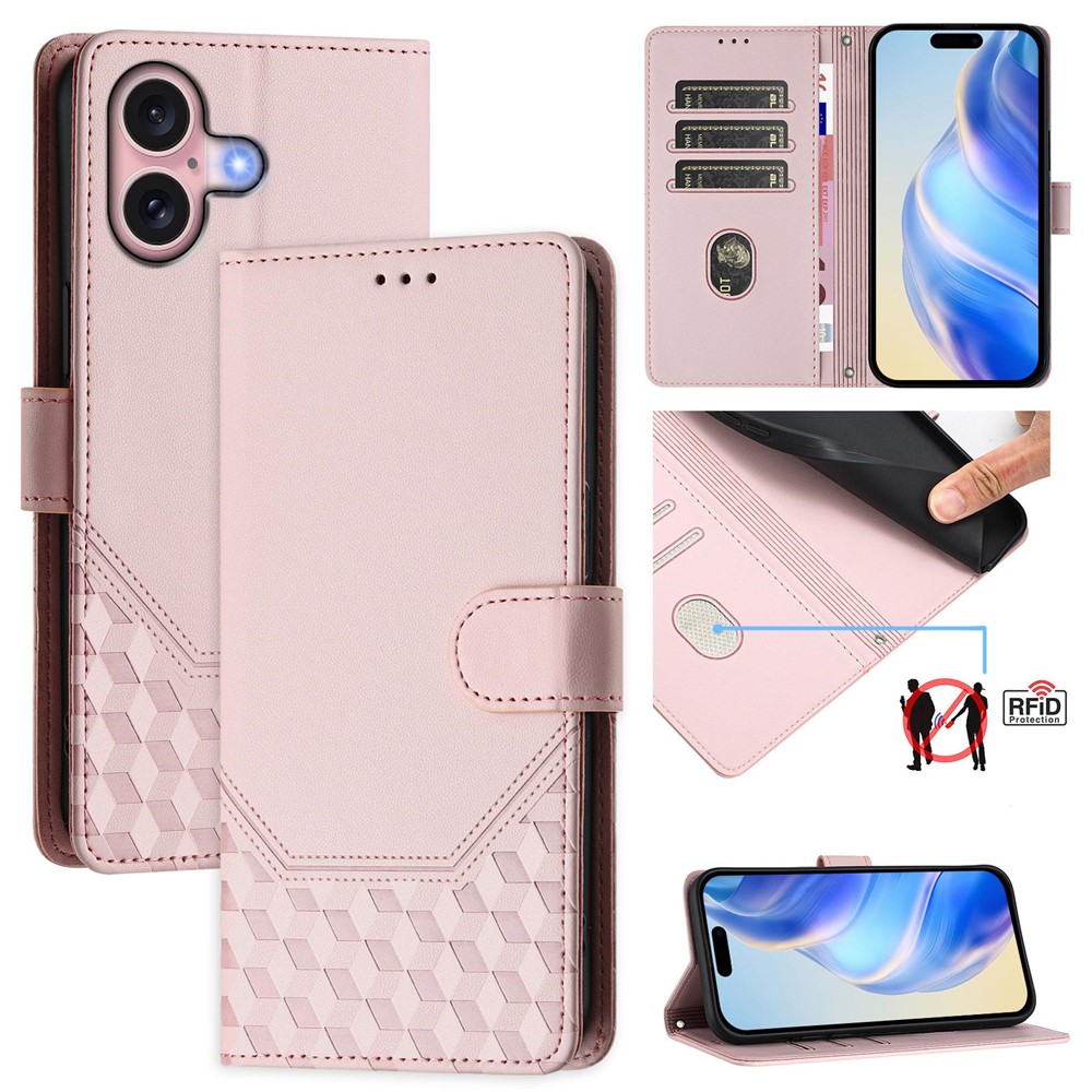 For iPhone 16 Case Imprinted Honeycomb RFID Blocking Leather Phone Cover with Strap - Pink