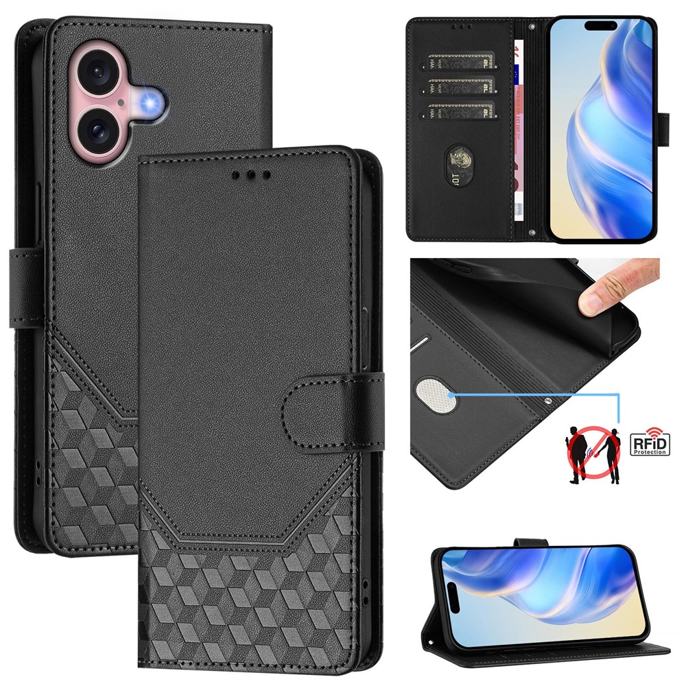 For iPhone 16 Case Imprinted Honeycomb RFID Blocking Leather Phone Cover with Strap - Black