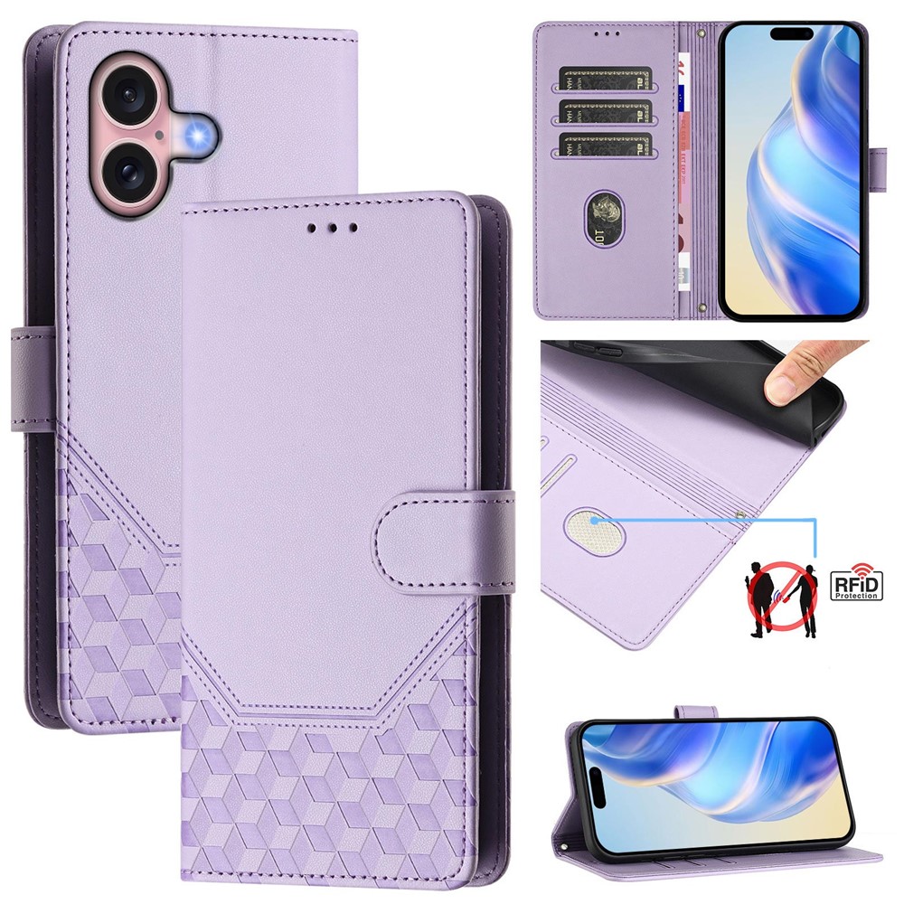 For iPhone 16 Case Imprinted Honeycomb RFID Blocking Leather Phone Cover with Strap - Light Purple
