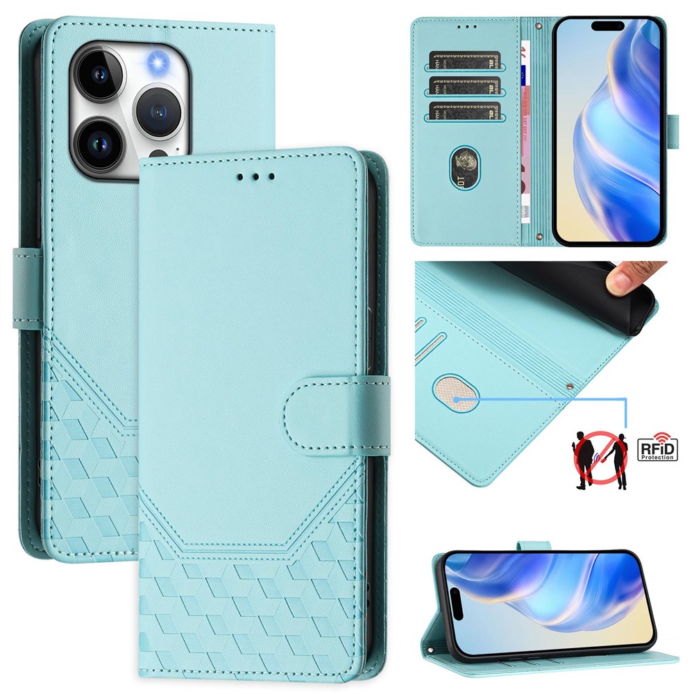 For iPhone 16 Pro Case Imprinted Honeycomb RFID Blocking Leather Phone Cover with Strap - Mint Green