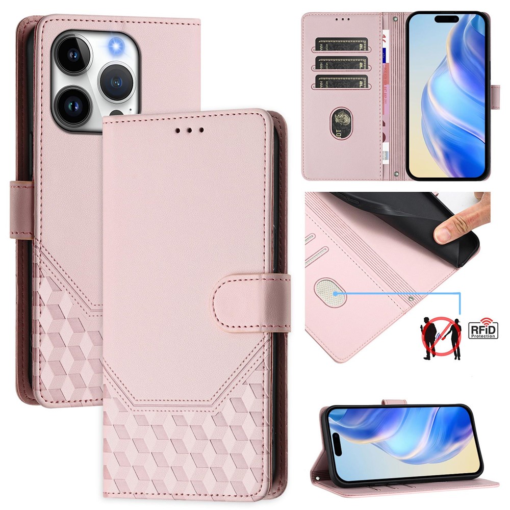 For iPhone 16 Pro Case Imprinted Honeycomb RFID Blocking Leather Phone Cover with Strap - Pink