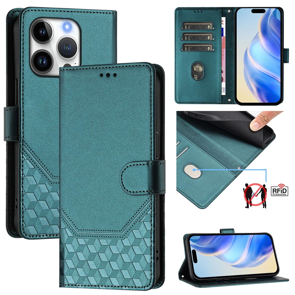 For iPhone 16 Pro Case Imprinted Honeycomb RFID Blocking Leather Phone Cover with Strap - Green
