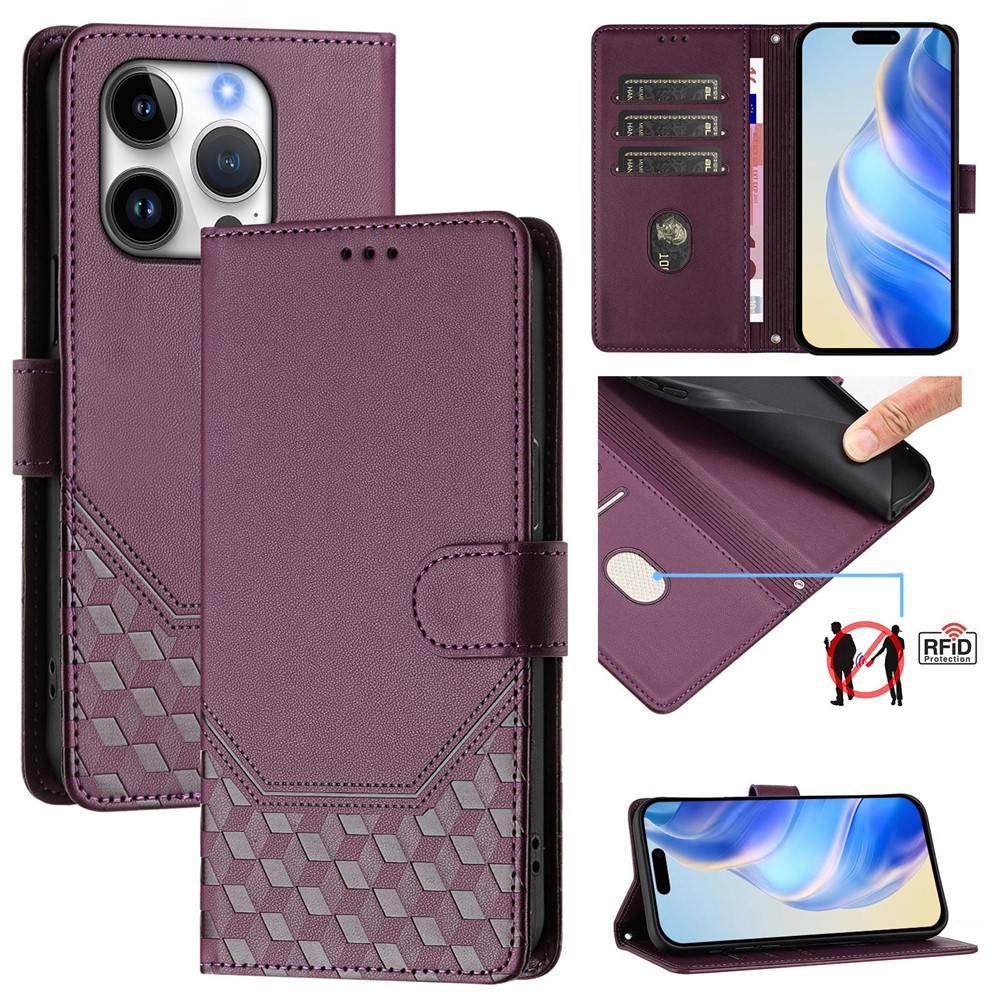 For iPhone 16 Pro Case Imprinted Honeycomb RFID Blocking Leather Phone Cover with Strap - Dark Purple