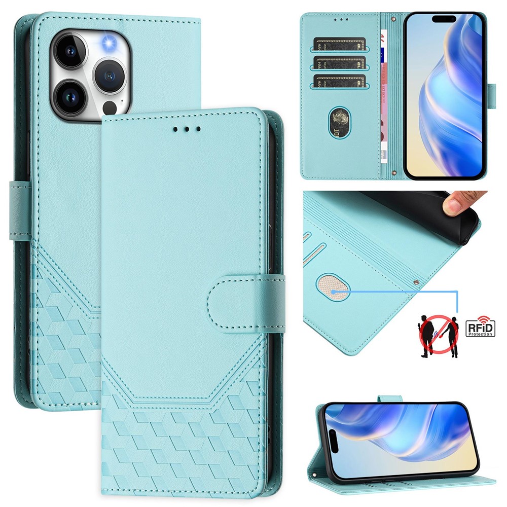 For iPhone 16 Pro Max Case Imprinted Honeycomb RFID Blocking Leather Phone Cover with Strap - Mint Green