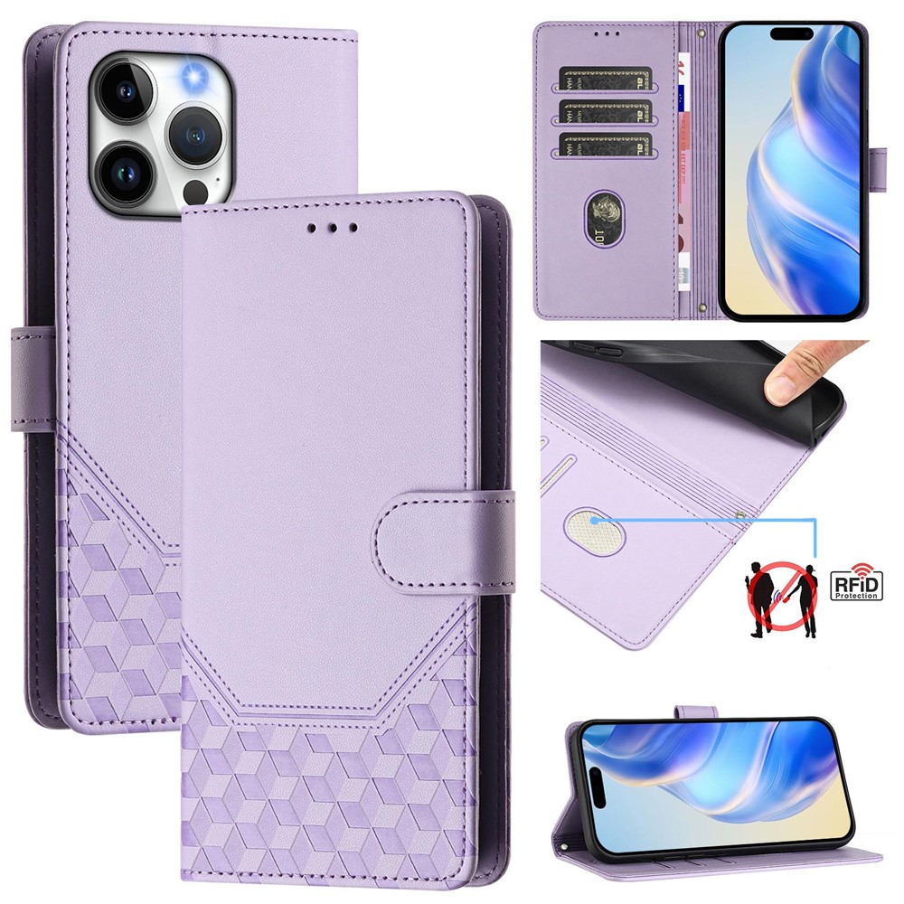 For iPhone 16 Pro Max Case Imprinted Honeycomb RFID Blocking Leather Phone Cover with Strap - Light Purple