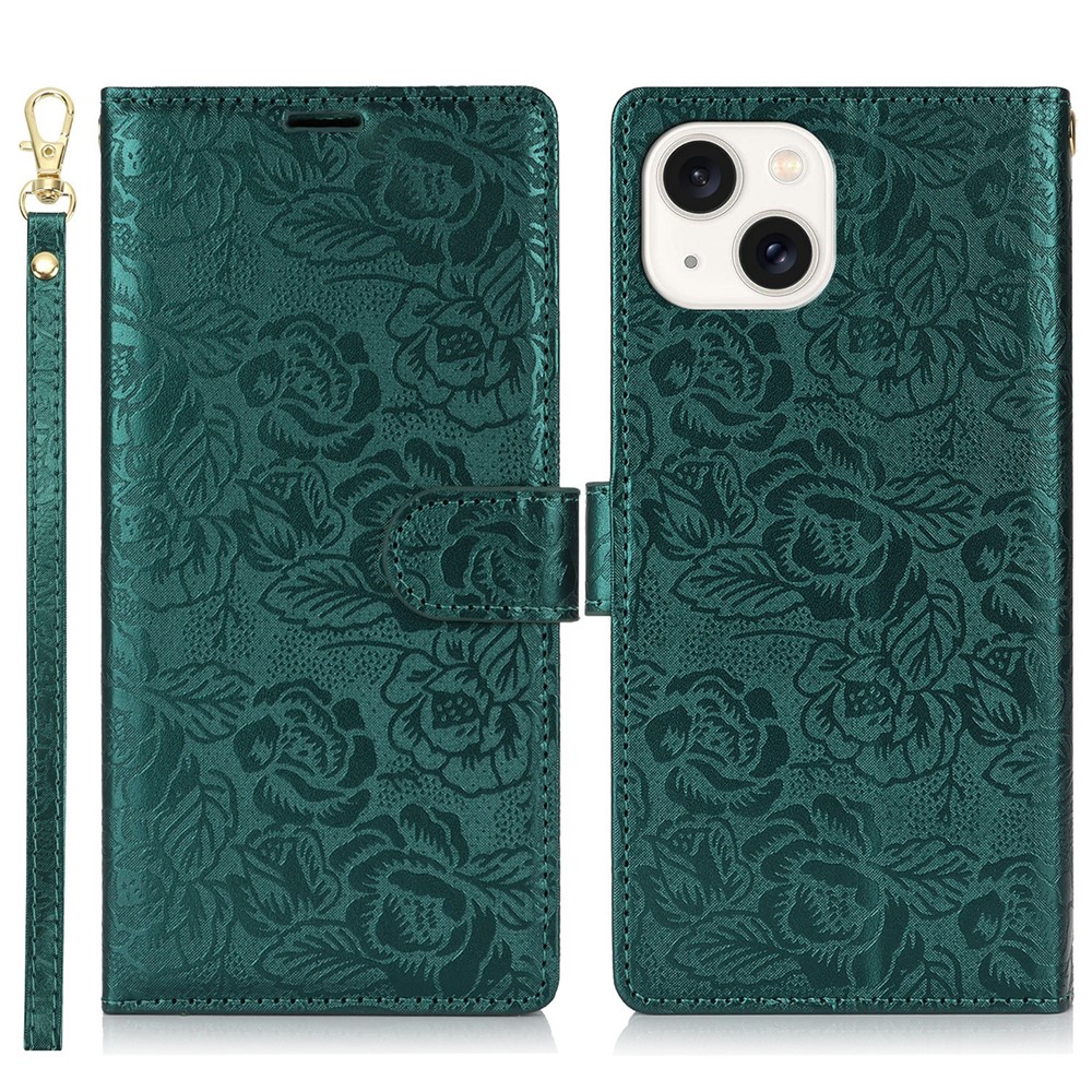 For iPhone 15 Plus / 14 Plus Case with Hand Strap Flower Imprint Leather Wallet Phone Cover - Green