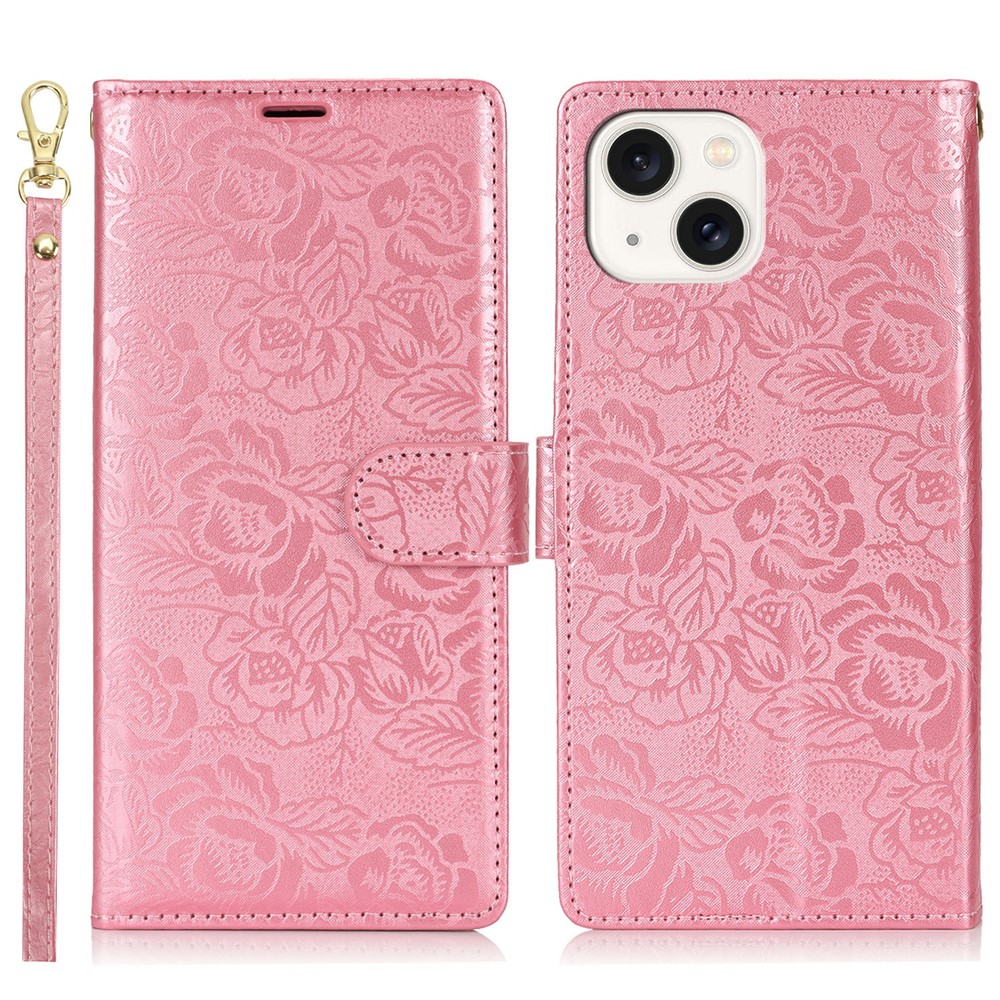 For iPhone 15 Plus / 14 Plus Case with Hand Strap Flower Imprint Leather Wallet Phone Cover - Rose Gold