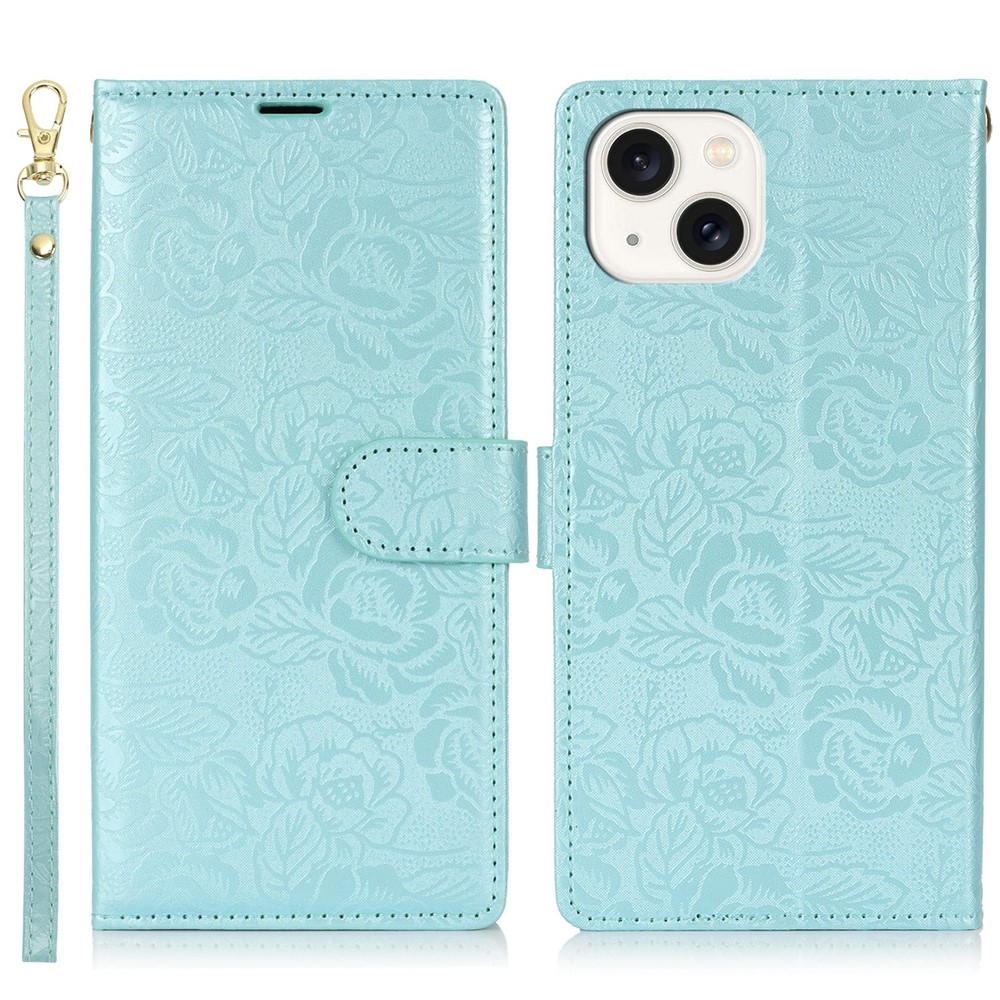 For iPhone 15 Plus / 14 Plus Case with Hand Strap Flower Imprint Leather Wallet Phone Cover - Blue