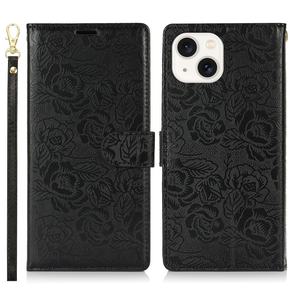 For iPhone 15 Case with Hand Strap Flower Imprint Leather Wallet Phone Cover - Black