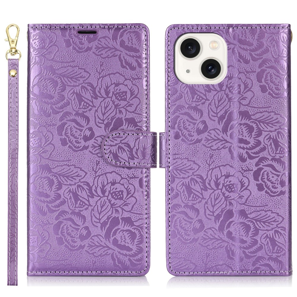 For iPhone 15 Case with Hand Strap Flower Imprint Leather Wallet Phone Cover - Purple