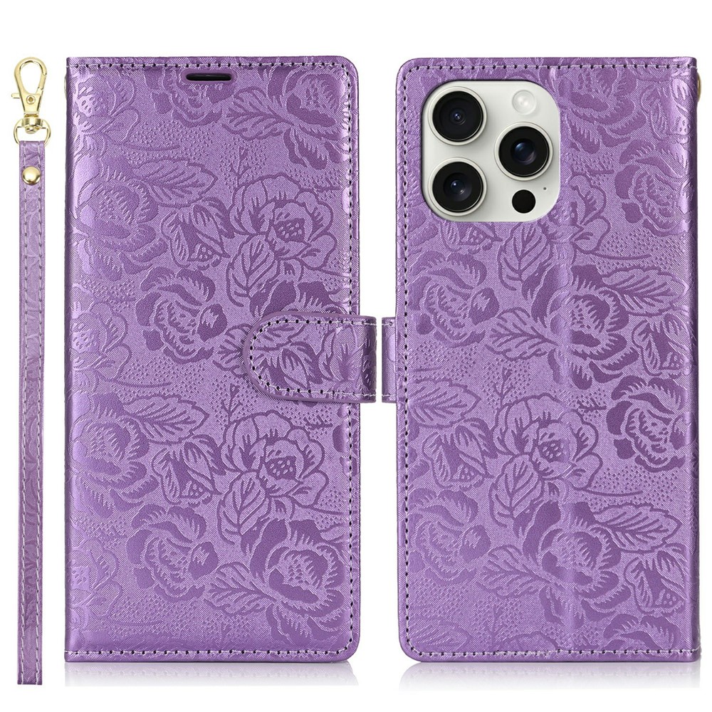 For iPhone 14 Pro Max Case with Hand Strap Flower Imprint Leather Wallet Phone Cover - Purple