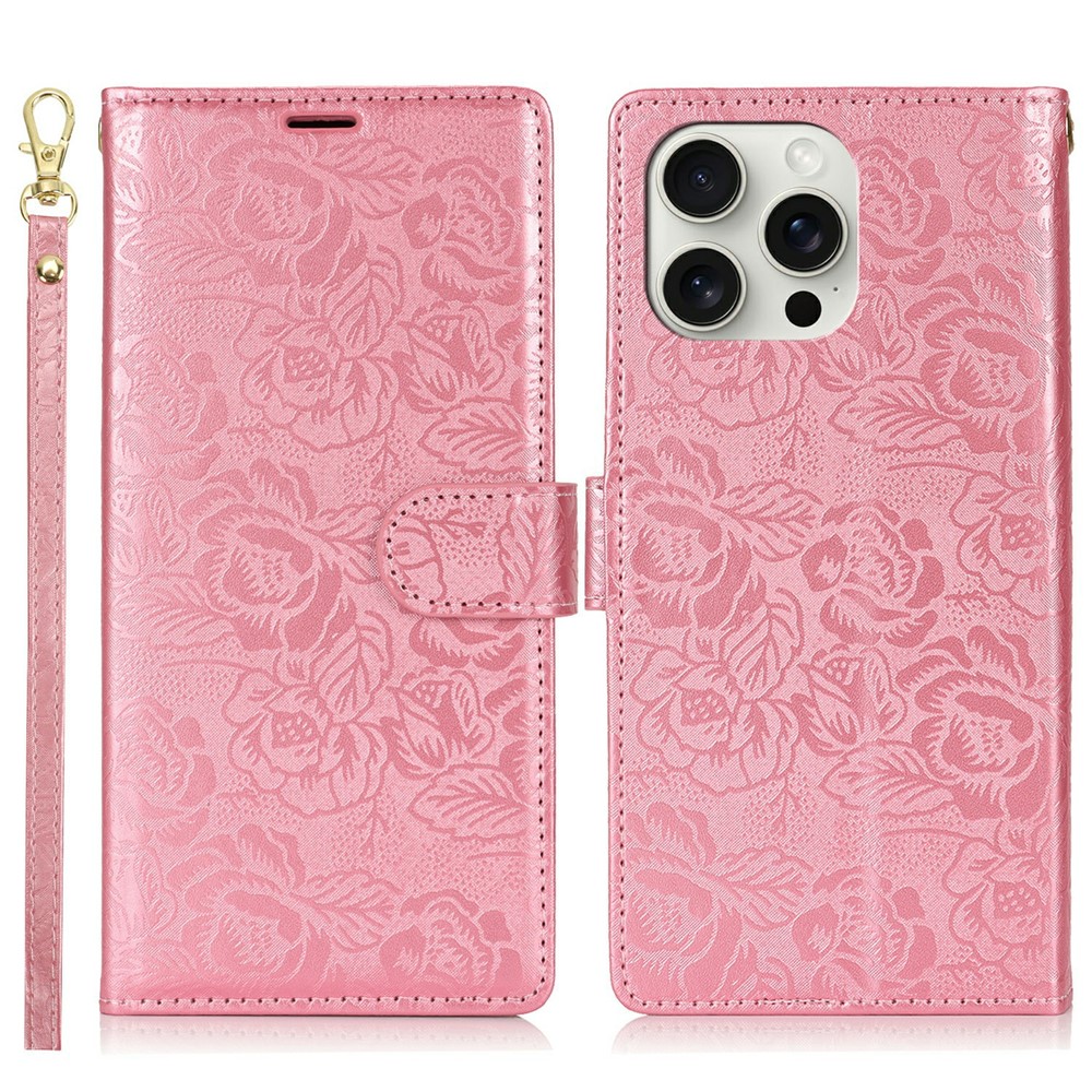 For iPhone 14 Pro Max Case with Hand Strap Flower Imprint Leather Wallet Phone Cover - Rose Gold
