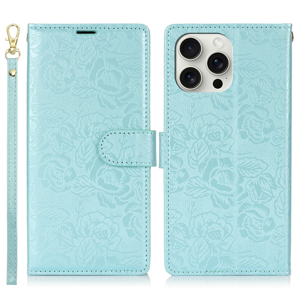 For iPhone 14 Pro Max Case with Hand Strap Flower Imprint Leather Wallet Phone Cover - Blue