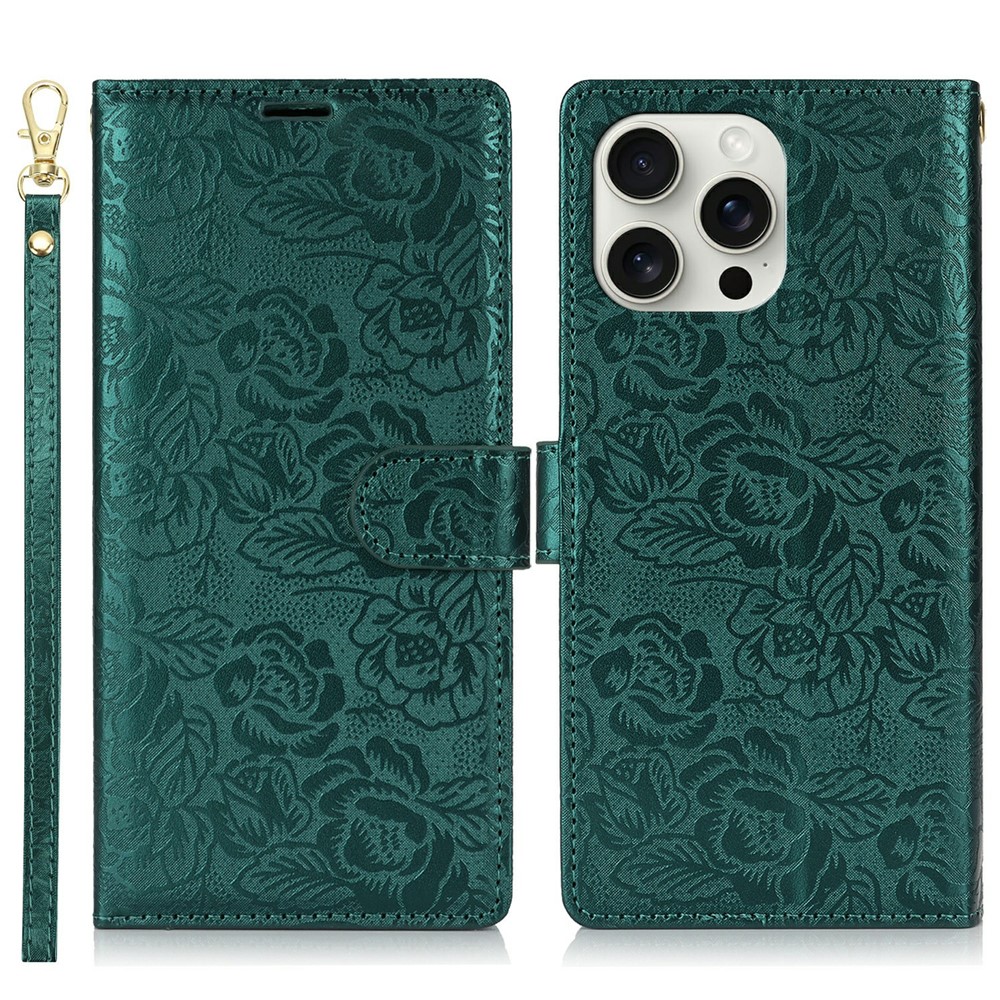 For iPhone 14 Pro Case with Hand Strap Flower Imprint Leather Wallet Phone Cover - Green