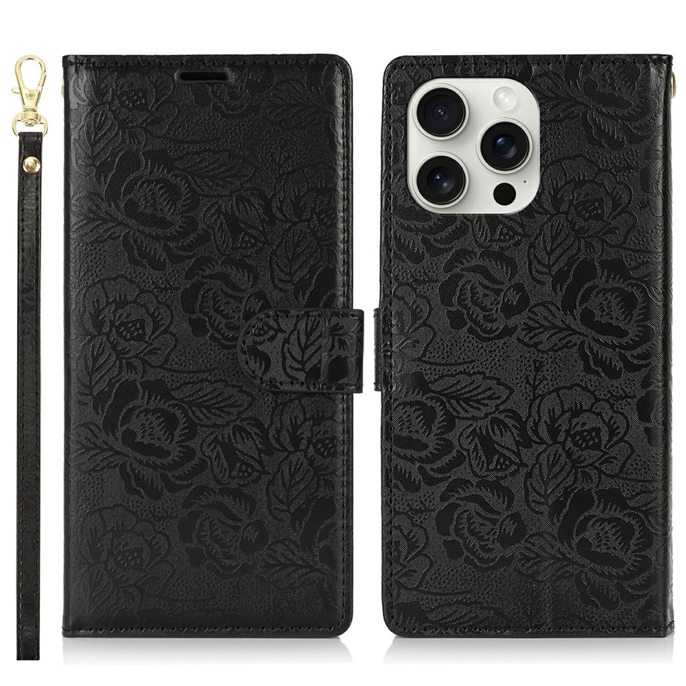 For iPhone 14 Pro Case with Hand Strap Flower Imprint Leather Wallet Phone Cover - Black