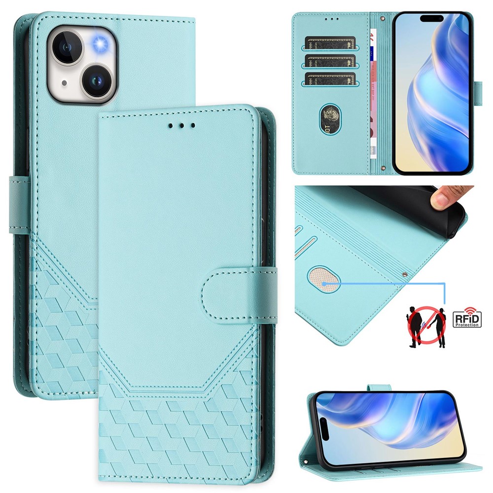 For iPhone 15 Case Imprinted Honeycomb RFID Blocking Leather Phone Cover with Strap - Mint Green