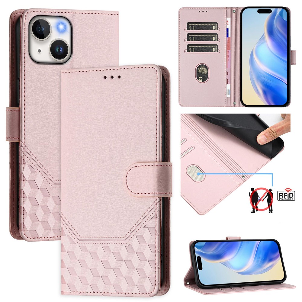For iPhone 15 Case Imprinted Honeycomb RFID Blocking Leather Phone Cover with Strap - Pink
