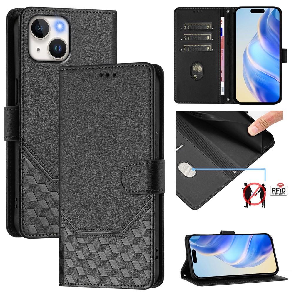For iPhone 15 Case Imprinted Honeycomb RFID Blocking Leather Phone Cover with Strap - Black