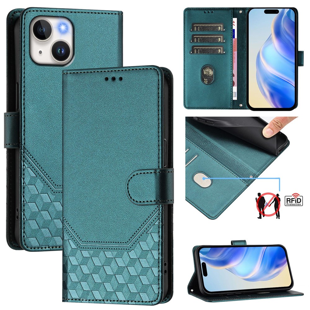 For iPhone 15 Case Imprinted Honeycomb RFID Blocking Leather Phone Cover with Strap - Green