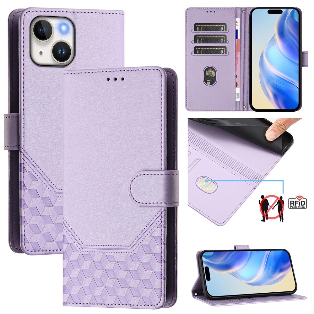 For iPhone 15 Case Imprinted Honeycomb RFID Blocking Leather Phone Cover with Strap - Light Purple