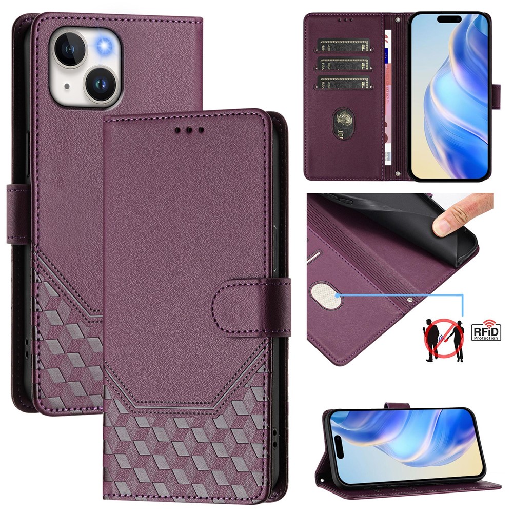 For iPhone 15 Case Imprinted Honeycomb RFID Blocking Leather Phone Cover with Strap - Dark Purple