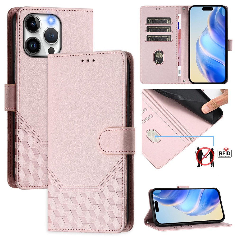 For iPhone 15 Pro Max Case Imprinted Honeycomb RFID Blocking Leather Phone Cover with Strap - Pink